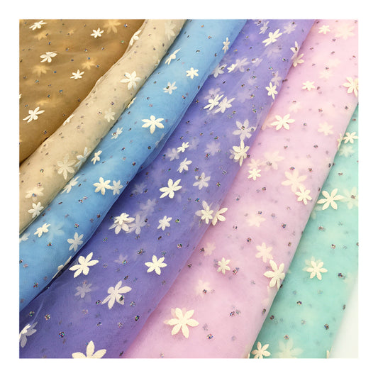 HG6377 100% Polyester Multicolor 3D Flower Tulle Roll Fabric With Glitter