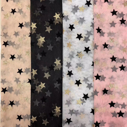 Hg6106 Polyester Tulle Glitter Gold Flocked Black Star Mesh Fabric