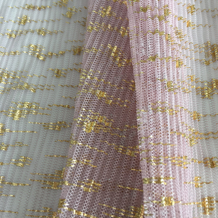 HG6720 Cheap China Knitted Pleated Gold Stamp Wrinkle  Fabric Tulle Mesh Fabrics