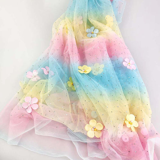 HG6722 2020 Stock Sale Rainbow Color Digital Printed Tulle Bead Pearl Fabric