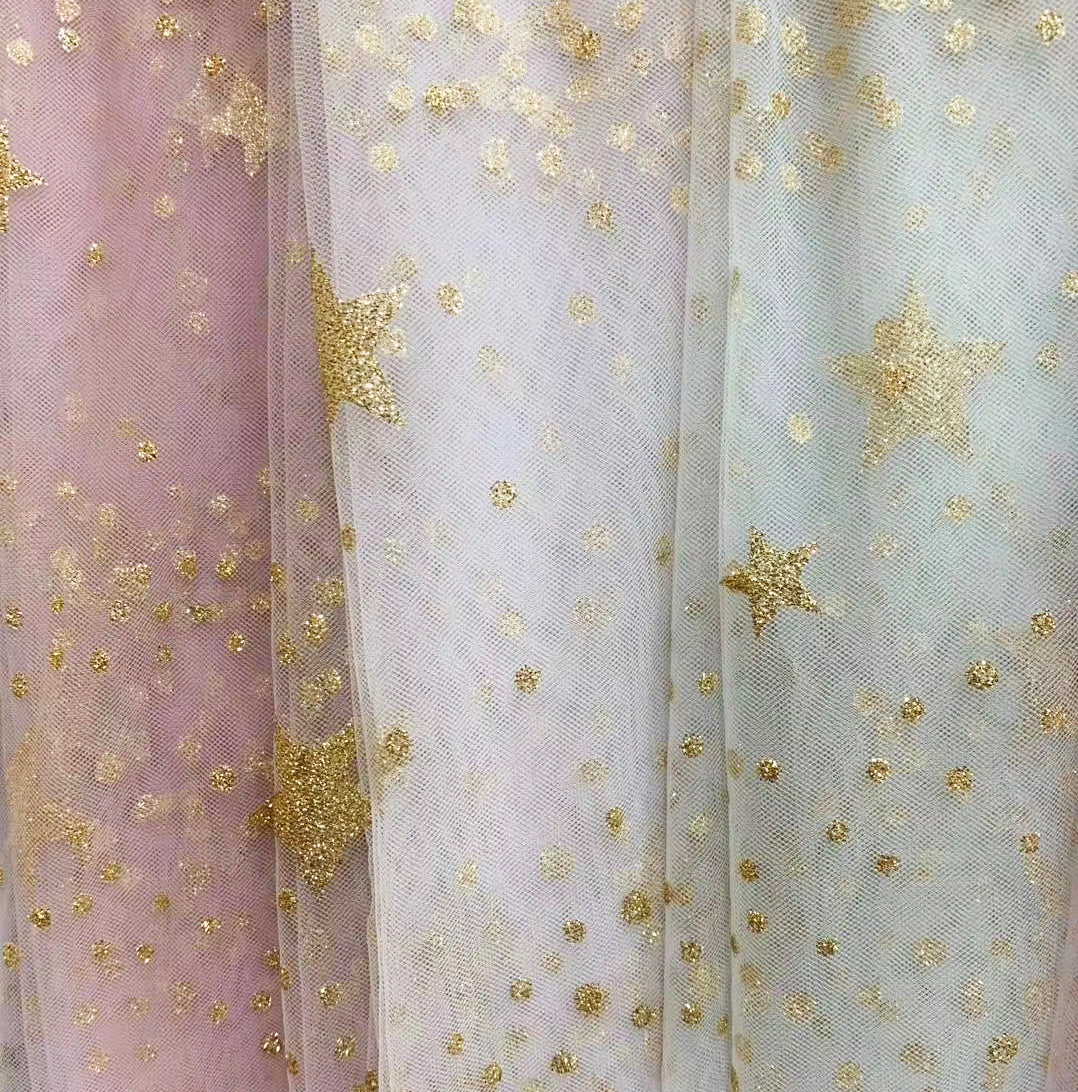 HG6672 Fashionable 100% Polyester Fabric Tulle Foiled Glitter Gold Print Chiffon Fabric