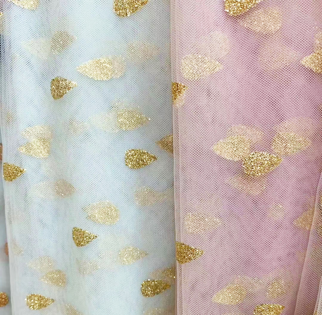 HG6672 Fashionable 100% Polyester Fabric Tulle Foiled Glitter Gold Print Chiffon Fabric